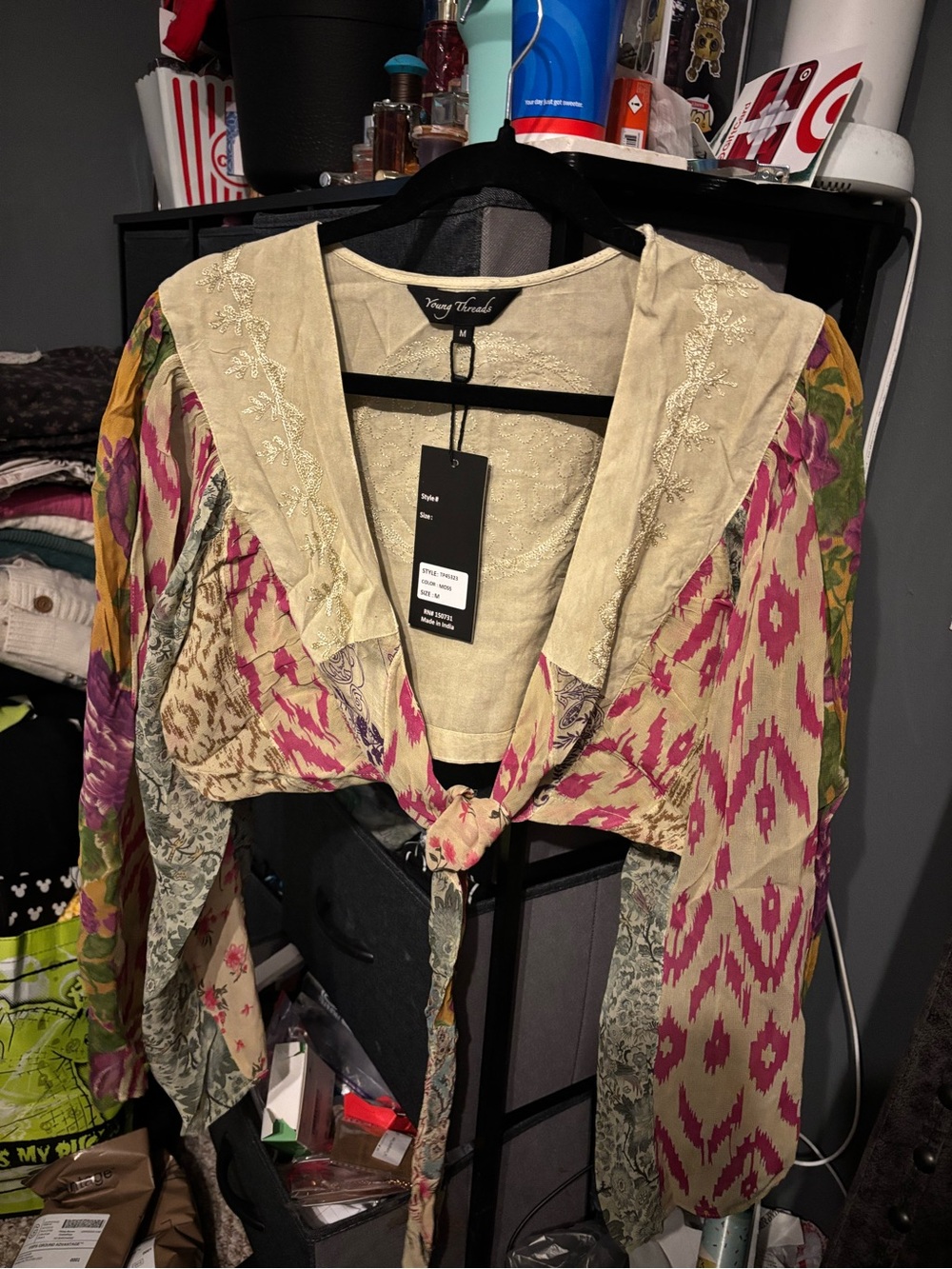 Young Threads Patterned Tie-Front Boho Top in Cream & Pink Medium